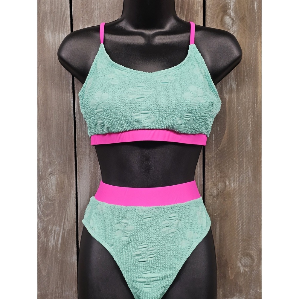 NWT Cupshe Green & Pink Scoop Midkini Top & Banded Bottoms Bikini Set Size M - Picture 2 of 15
